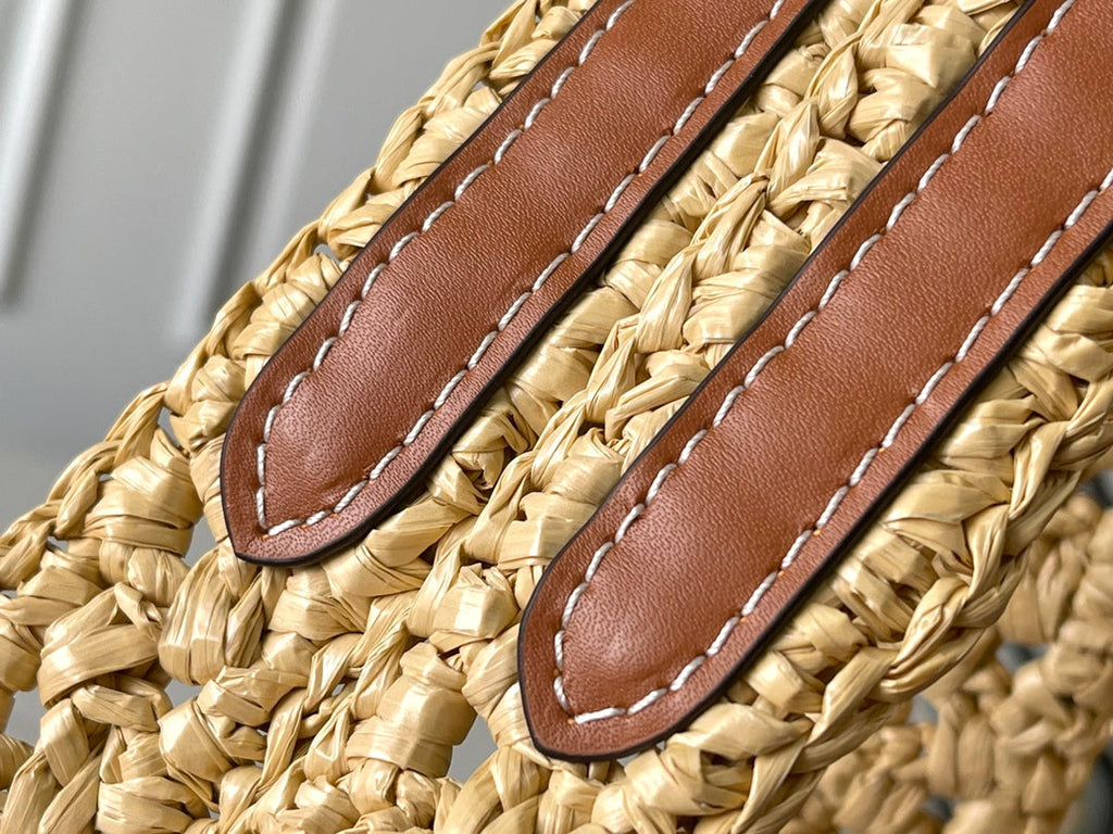 ONTHEGO MM 37 IN BEIGE WOVEN RAFFIA WITH LEATHER DETAILING