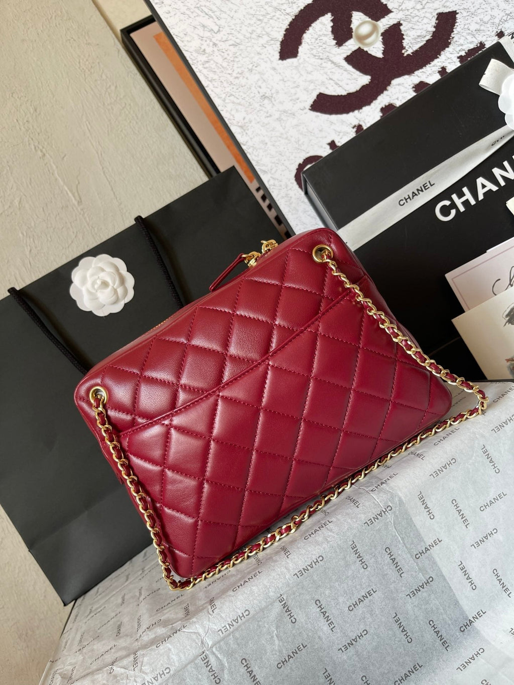 CAMERA BAG 24 IN RED QUILTED LAMBSKIN DOUBLE C GOLD COIN