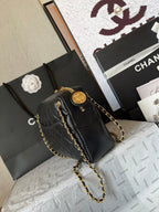 CAMERA BAG 24 IN BLACK QUILTED LAMBSKIN DOUBLE C GOLD COIN