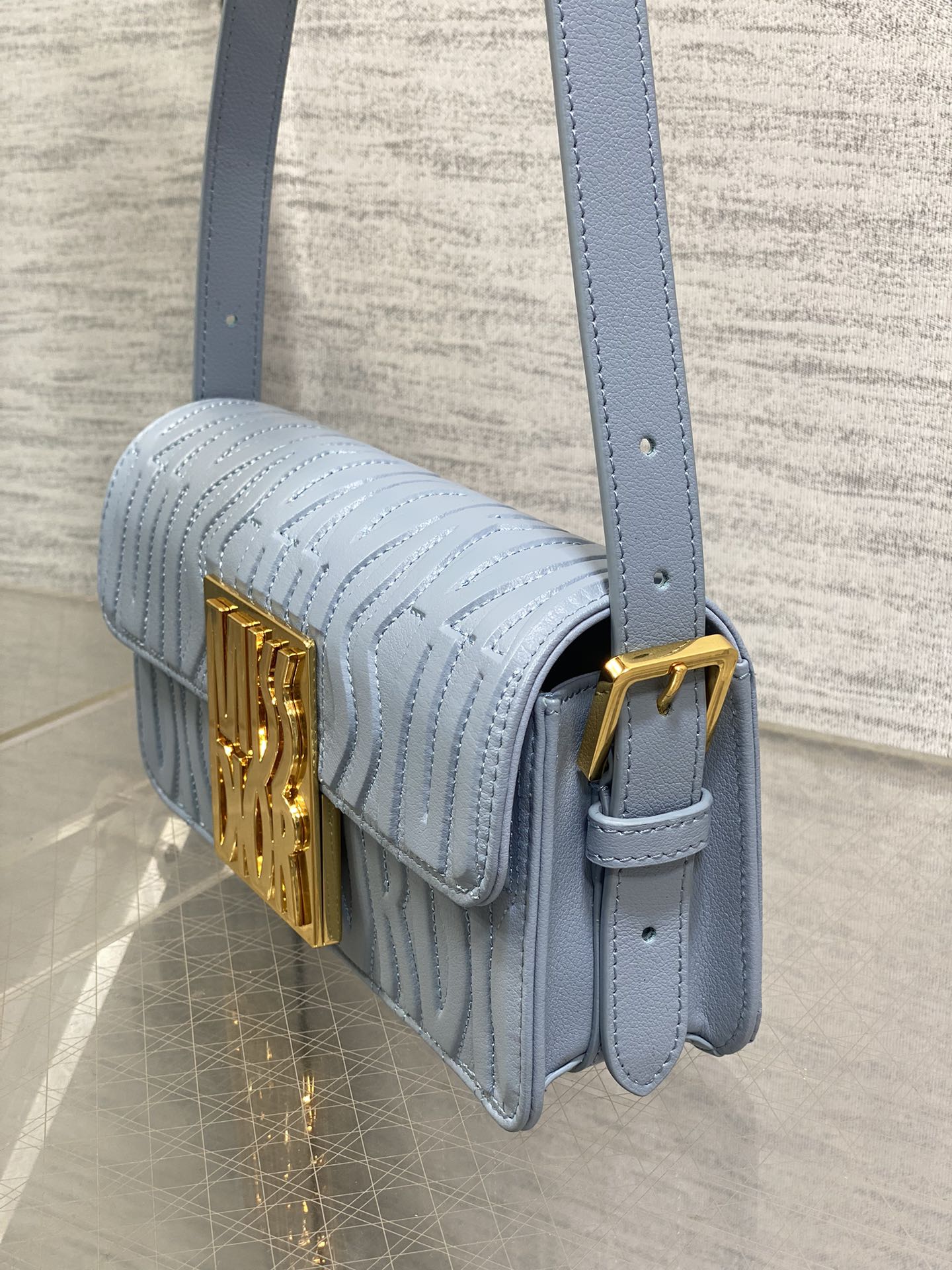 FLAP BAG 18 IN BABY BLUE QUILTED ALLOVER CALFSKIN