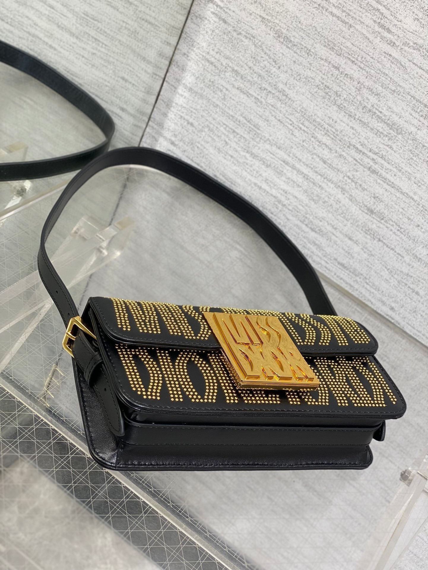 MINI FLAP BAG 18 IN BLACK LAMBSKIN WITH GOLD RHINSTONES