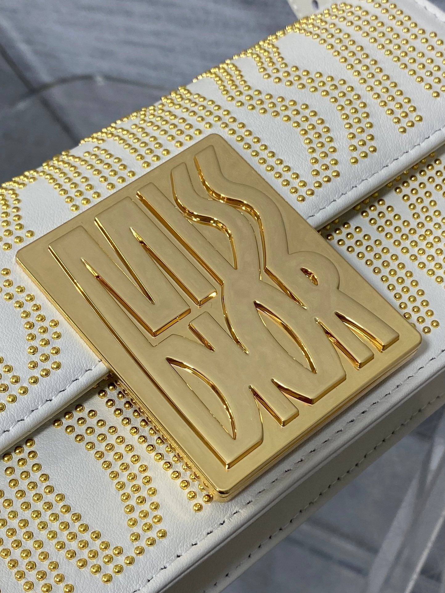 MINI 18 FLAP BAG IN WHITE LAMBSKIN WITH GOLD RHINSTONES