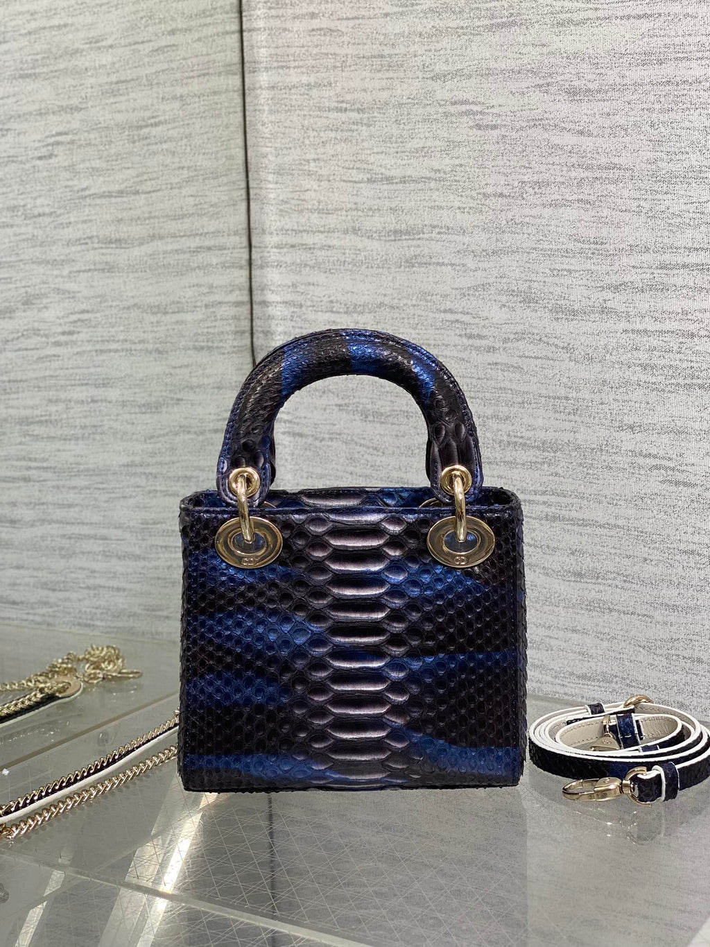 MINI 17 LADY BAG IN MARINEBLAU MIX SCHWARZES SCHLANGENHAUTMUSTER LAMMLEDER