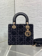 MINI 20 LADY BAG IN BLACK MIX WHITE CANNAGE TWEED WITH GOLD EARBELS