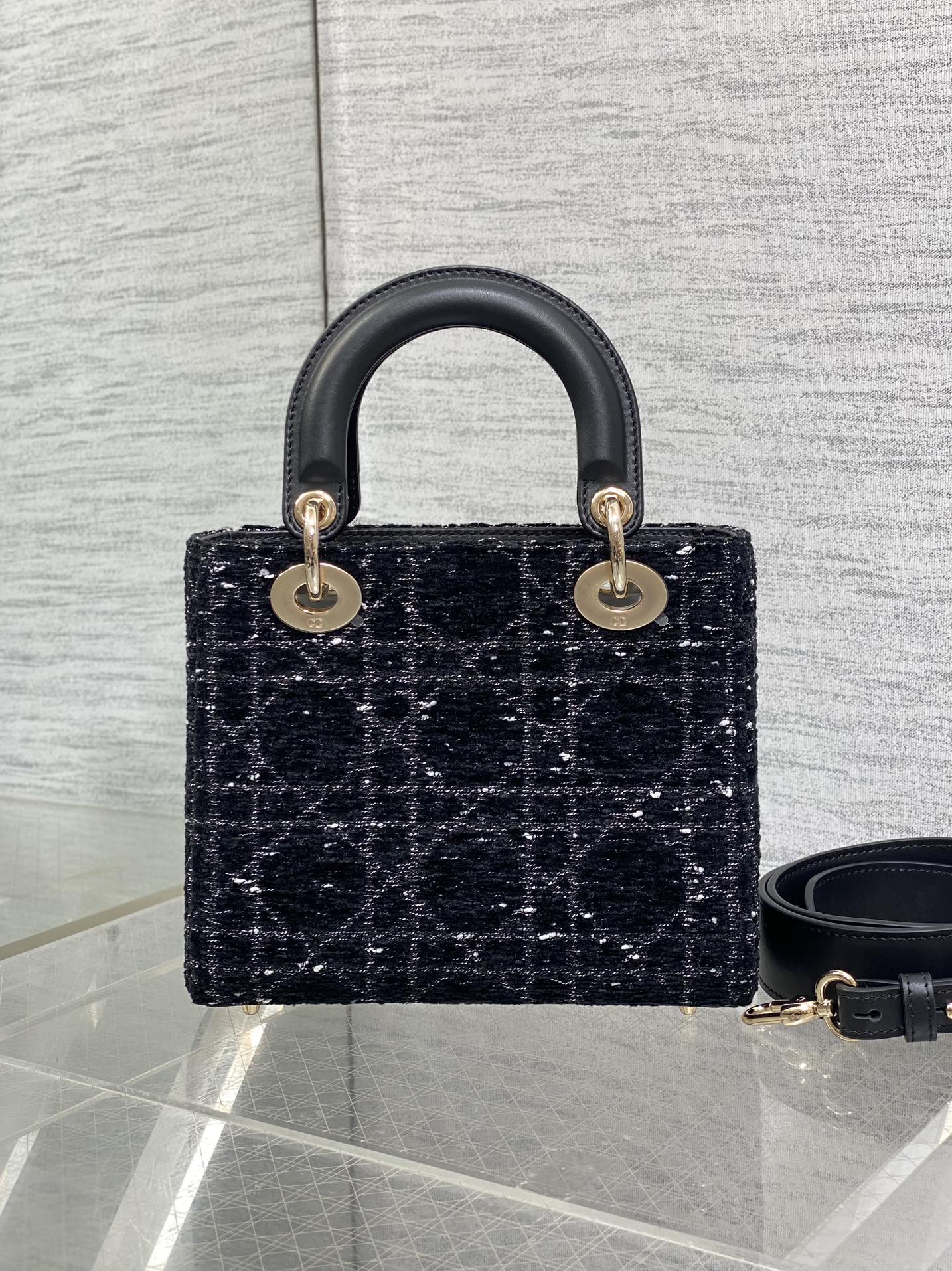 MINI 20 LADY BAG IN BLACK MIX WHITE CANNAGE TWEED WITH GOLD EARBELS