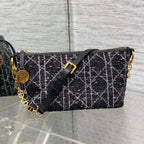 STAR HOBO 28 Tasche mit Kette, Schwarz-Weiß-Cannage-Tweed mit goldenen Beschlägen