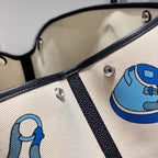 GARDEN PARTY 36 IN BLUE IVORY TOILE H CANVAS BLACK CALFSKIN EQUESTRIAN HARNESS PRINT