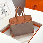 QUADRILLE BIRKIN 30CM IN GOLD SWIFT KALBSLEDER UND SCHWARZ/WEISS/BRAUNEM TOILE-CANVAS