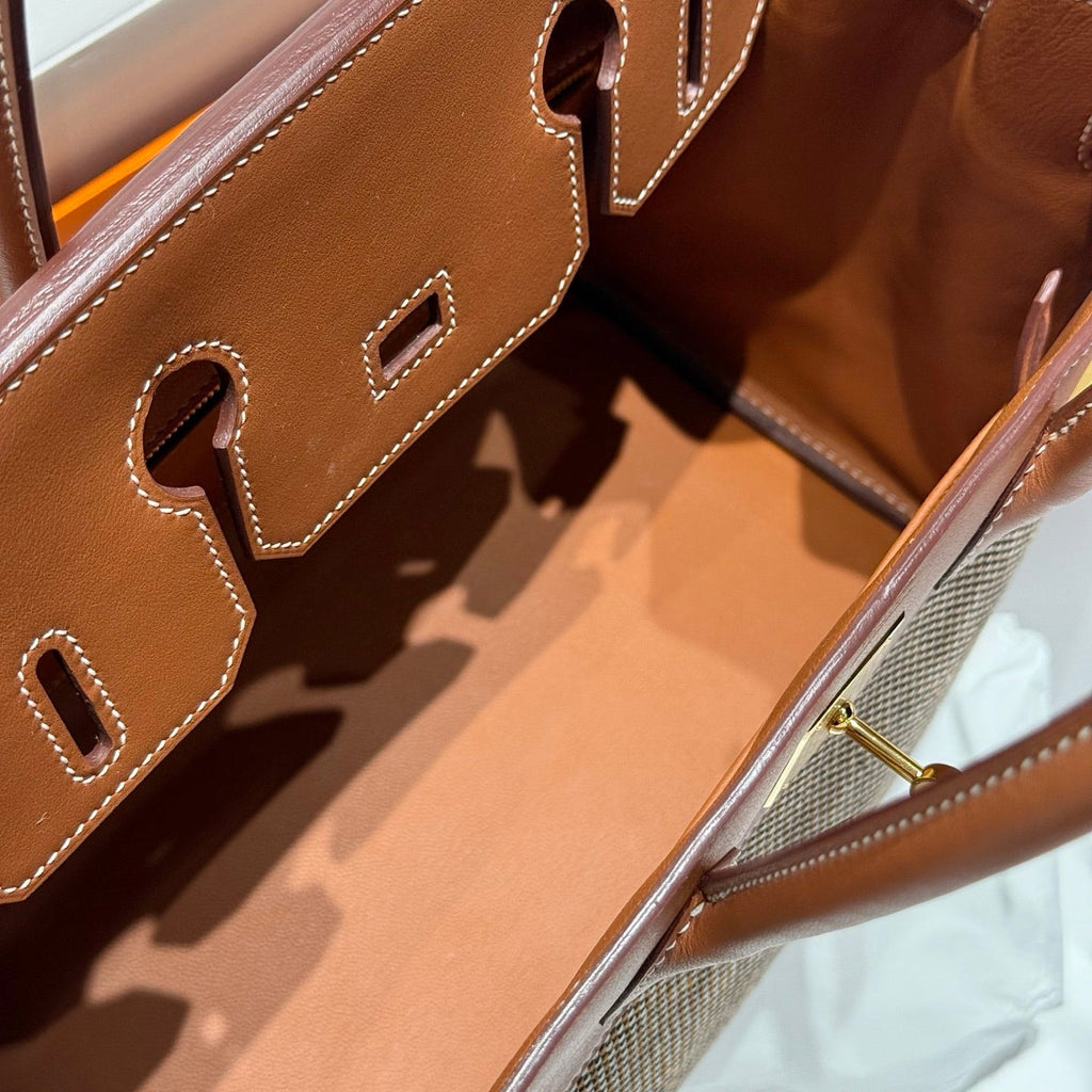 QUADRILLE BIRKIN 30CM IN GOLD SWIFT KALBSLEDER UND SCHWARZ/WEISS/BRAUNEM TOILE-CANVAS