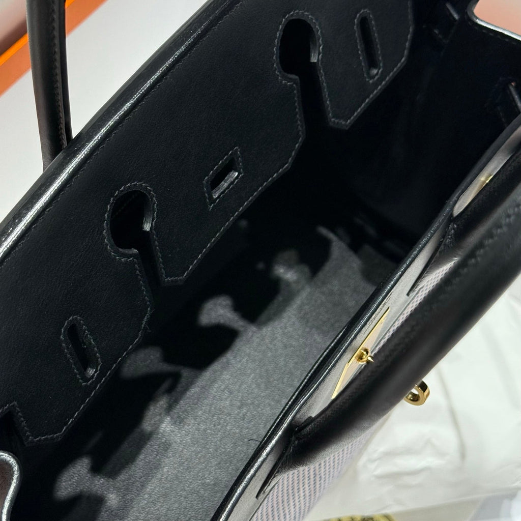 QUADRILLE BIRKIN 30CM IN BLACK SWIFT CALFSKIN WHITE BLUE PINK PLAID TOILE CANVAS