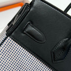 QUADRILLE BIRKIN 30CM IN BLACK SWIFT CALFSKIN WHITE BLUE PINK PLAID TOILE CANVAS