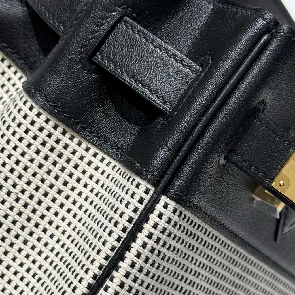 QUADRILLE BIRKIN 30CM IN BLACK SWIFT CALFSKIN WHITE BLACK PLAID TOILE CANVAS