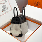 QUADRILLE BIRKIN 30CM IN BLACK SWIFT CALFSKIN WHITE BLACK PLAID TOILE CANVAS