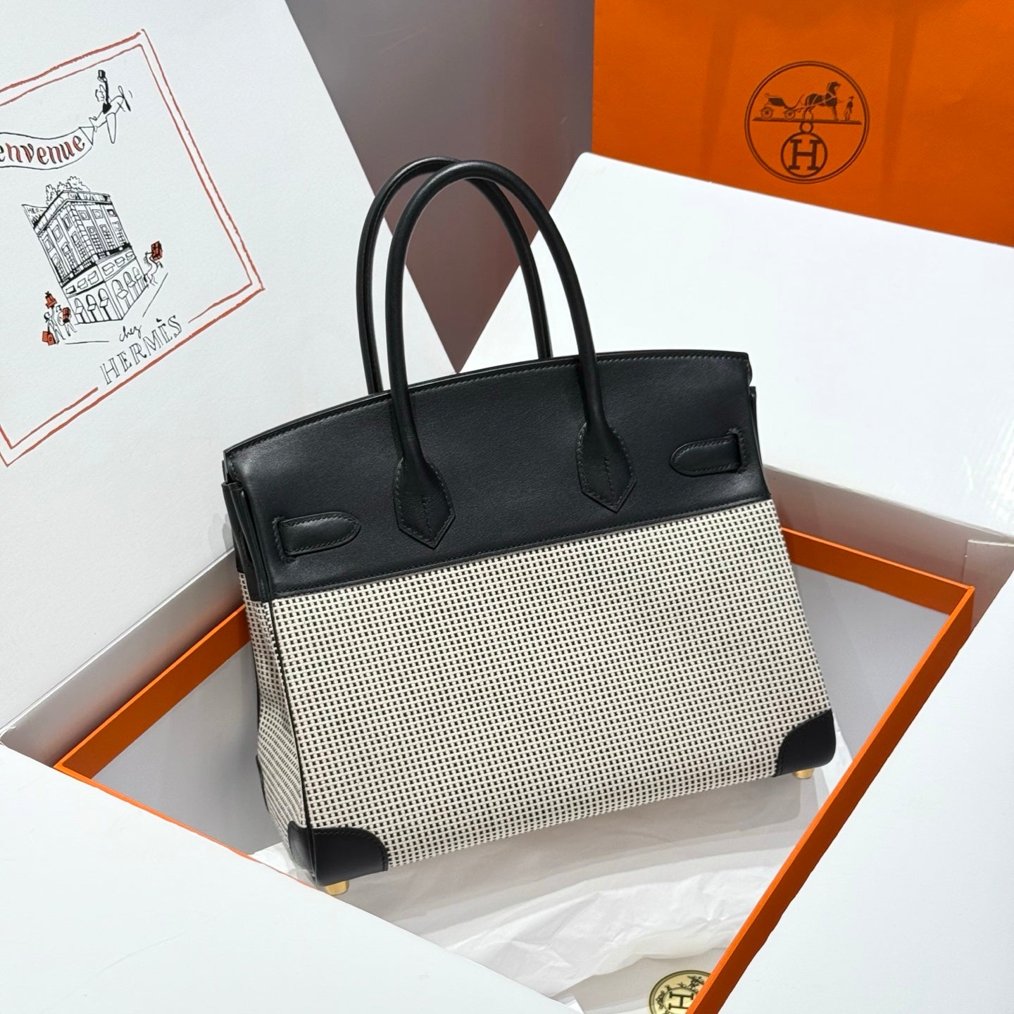 QUADRILLE BIRKIN 30CM IN BLACK SWIFT CALFSKIN WHITE BLACK PLAID TOILE CANVAS