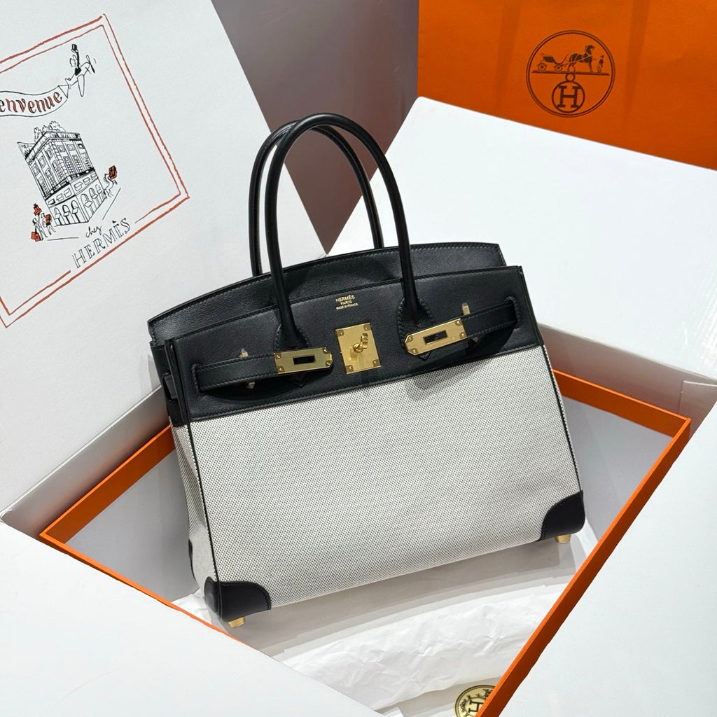 QUADRILLE BIRKIN 30CM IN BLACK SWIFT CALFSKIN WHITE TOILE CANVAS