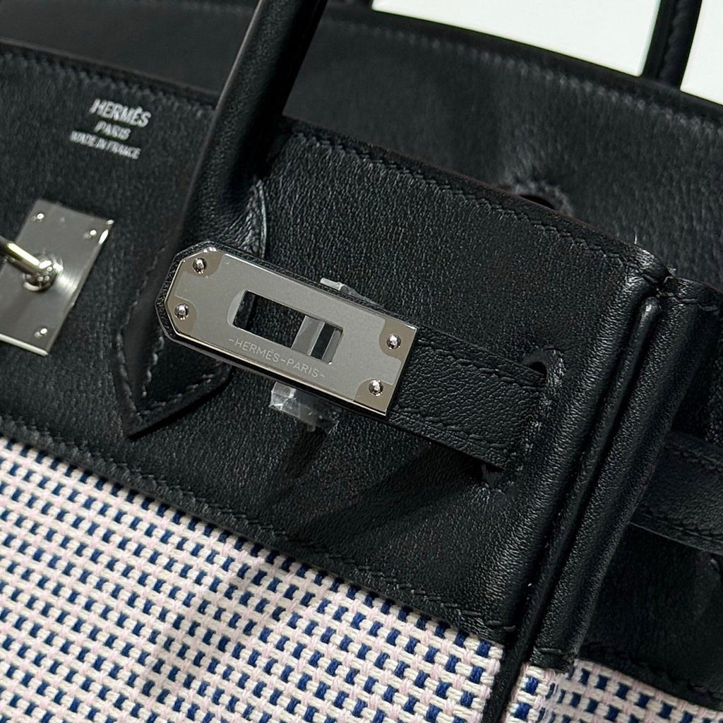 QUADRILLE BIRKIN 25CM IN BLACK SWIFT CALFSKIN WHITE BLUE PINK PLAID TOILE CANVAS