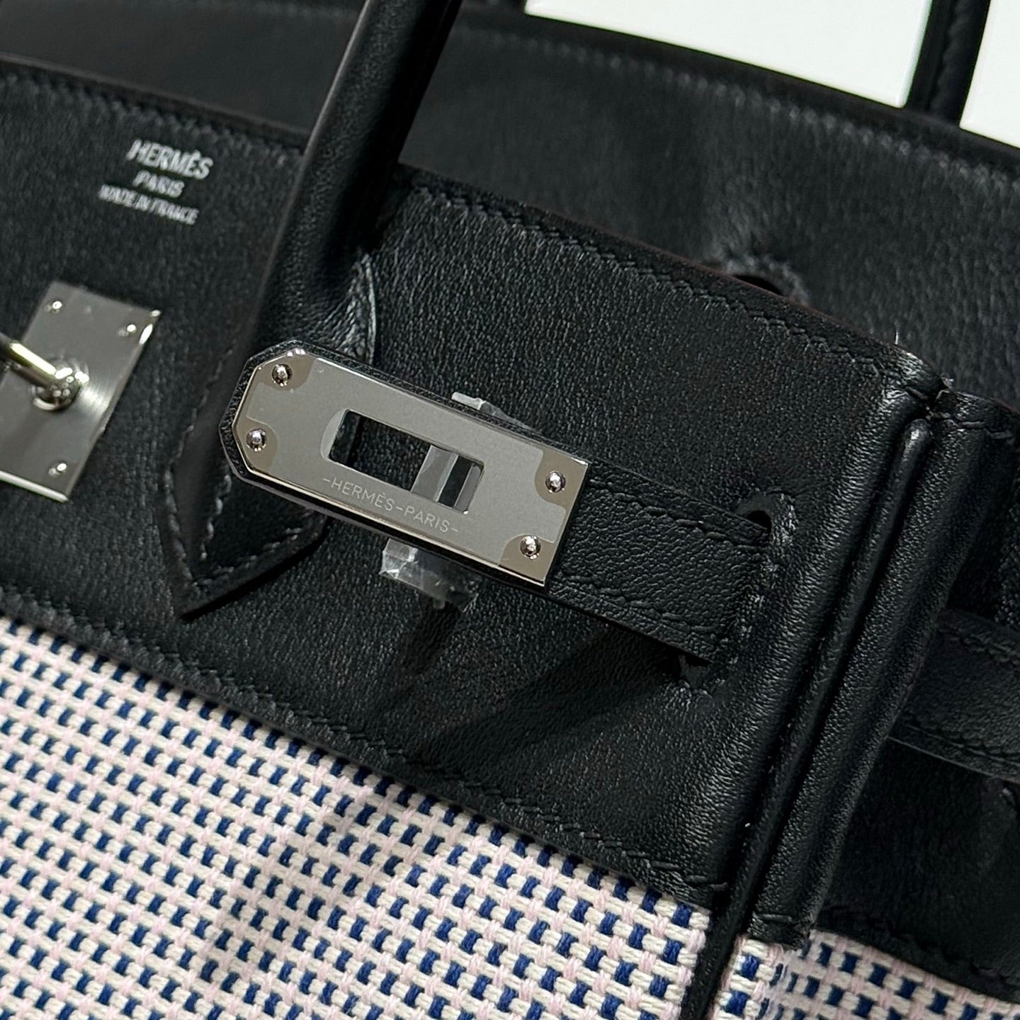 QUADRILLE BIRKIN 25CM IN BLACK SWIFT CALFSKIN WHITE BLUE PINK PLAID TOILE CANVAS