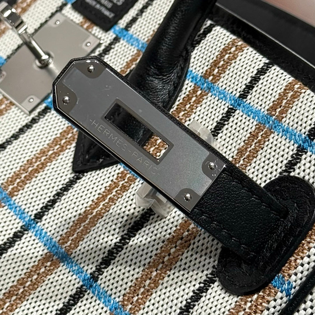 BIRKIN SHOULDER 29 IN BLACK CALFSKIN ÉCRU/NOIR/FAUVE/NOIR/BLEU ZANZIBAR EMBROIDERY PLAID CANVAS