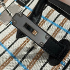 BIRKIN SHOULDER 29 IN BLACK CALFSKIN ÉCRU/NOIR/FAUVE/NOIR/BLEU ZANZIBAR EMBROIDERY PLAID CANVAS