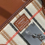 BIRKIN SHOULDER 29 IN GOLD CALFSKIN ÉCRU/BEIGE/FAUVE/ROSE POP/NOIR EMBROIDERY PLAID CANVAS