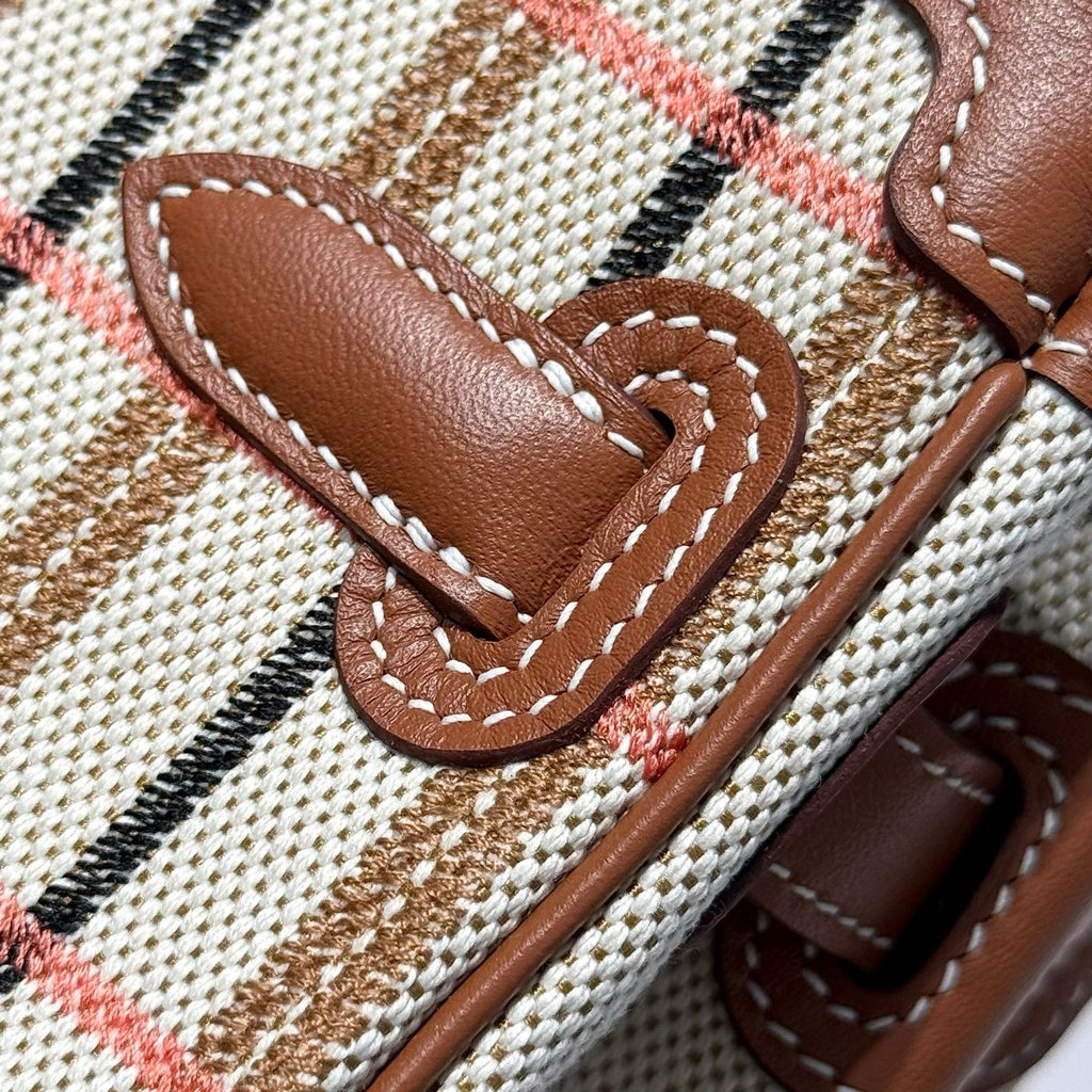 BIRKIN SHOULDER 29 IN GOLD CALFSKIN ÉCRU/BEIGE/FAUVE/ROSE POP/NOIR EMBROIDERY PLAID CANVAS