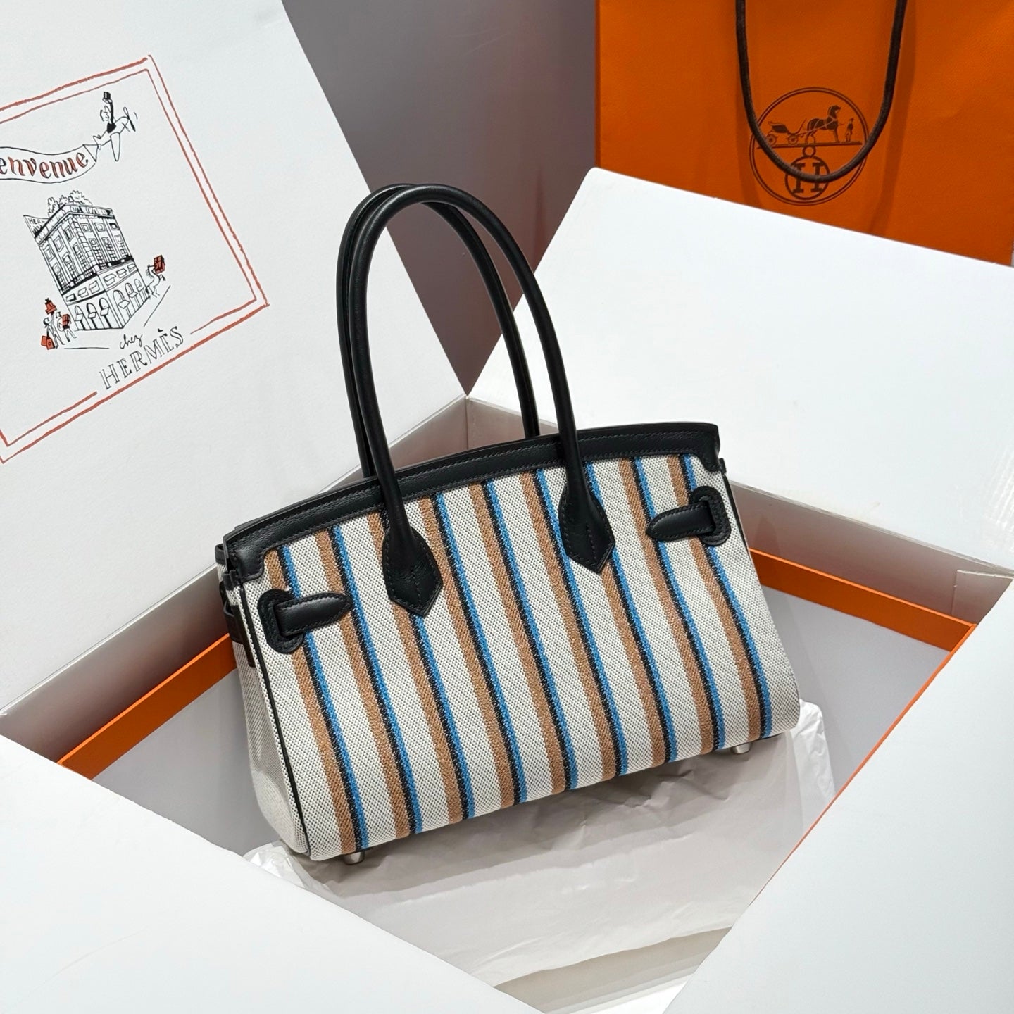 BIRKIN SHOULDER 29 IN BLACK CALFSKIN ÉCRU/NOIR/FAUVE/NOIR/BLEU ZANZIBAR EMBROIDERY CANVAS