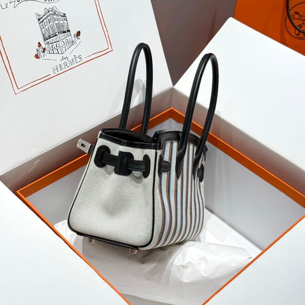 BIRKIN SHOULDER 29 IN BLACK CALFSKIN ÉCRU/NOIR/FAUVE/NOIR/BLEU ZANZIBAR EMBROIDERY CANVAS