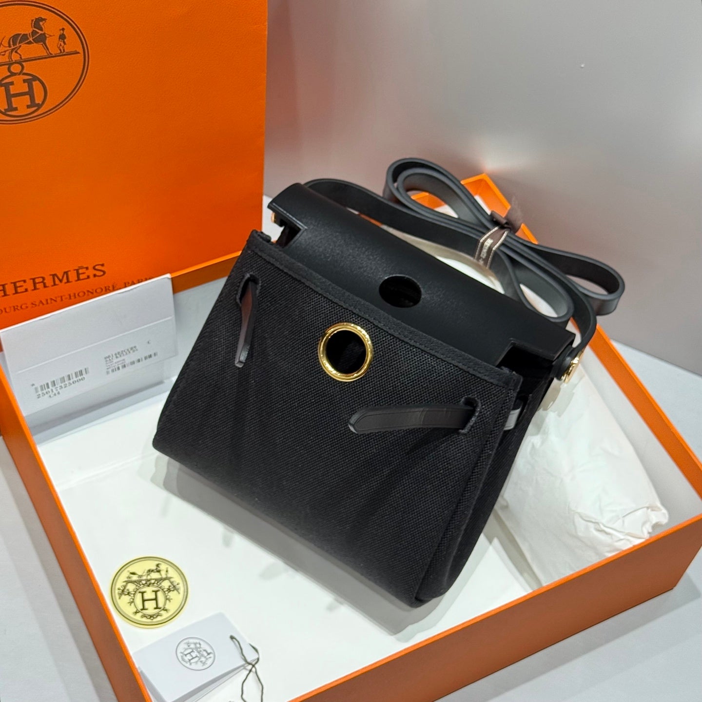HERMES 25S MINI HERBAG 20 IN FULL BLACK CANVAS GOLD HARDWARE
