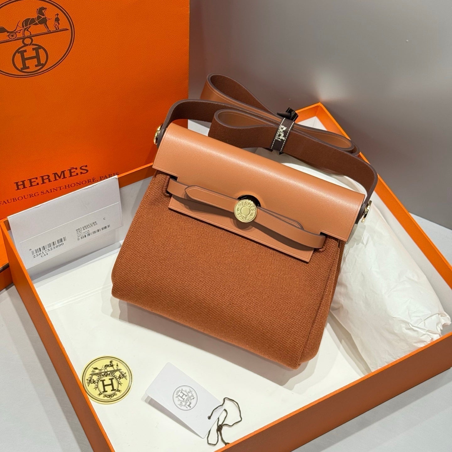 HERMES 25S MINI HERBAG 20 IN COPPER BROWN CANVAS GOLD HARDWARE