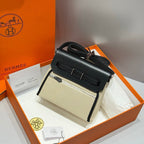 HERMES 25S MINI HERBAG 20 IN BEIGE AND BLACK CANVAS SILVER HARDWARE