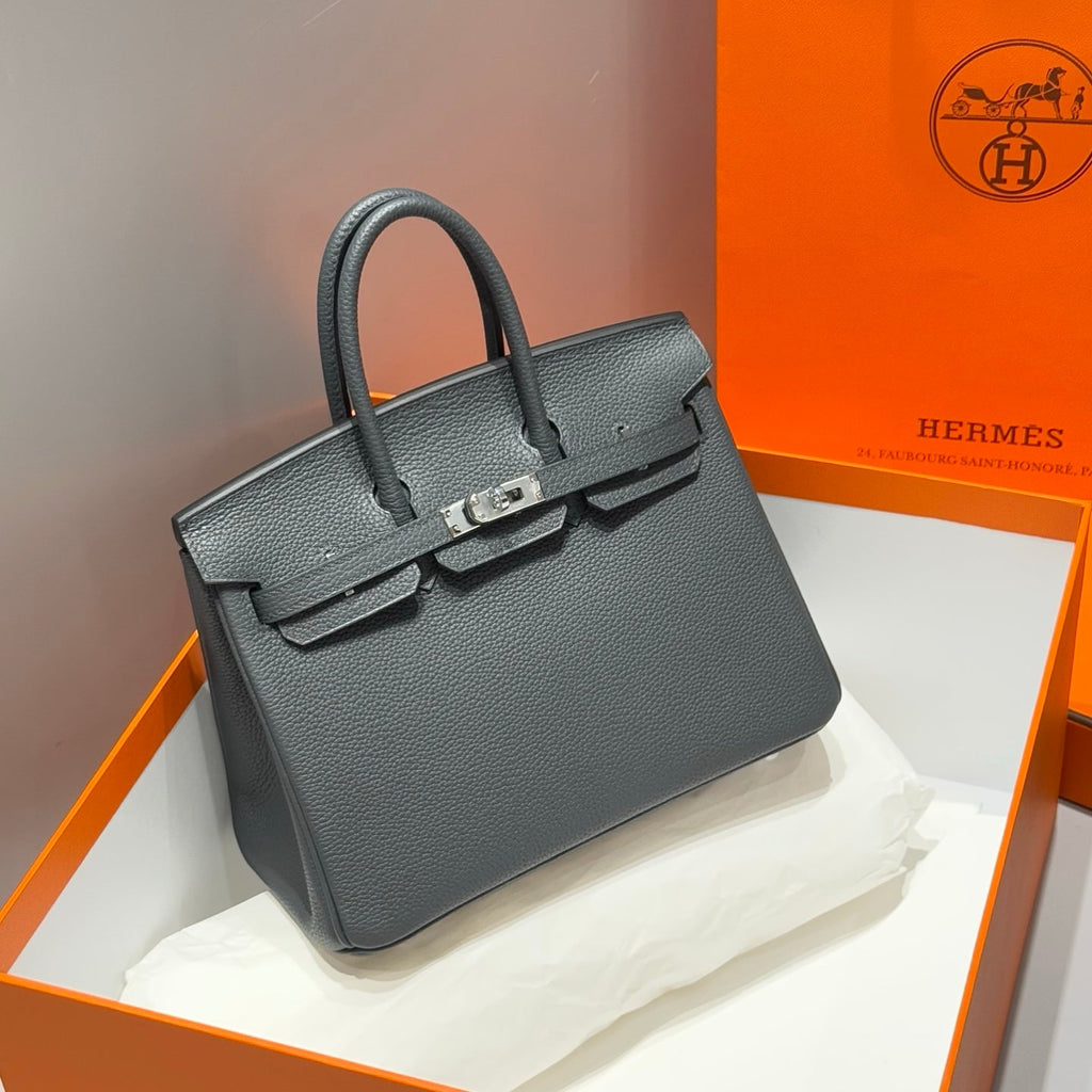 HERMES 25S MEDIUM BIRKIN 25 IN ANTHRAZITGRAUEM KALBSLEDER SILBERNE BESCHLÄGE