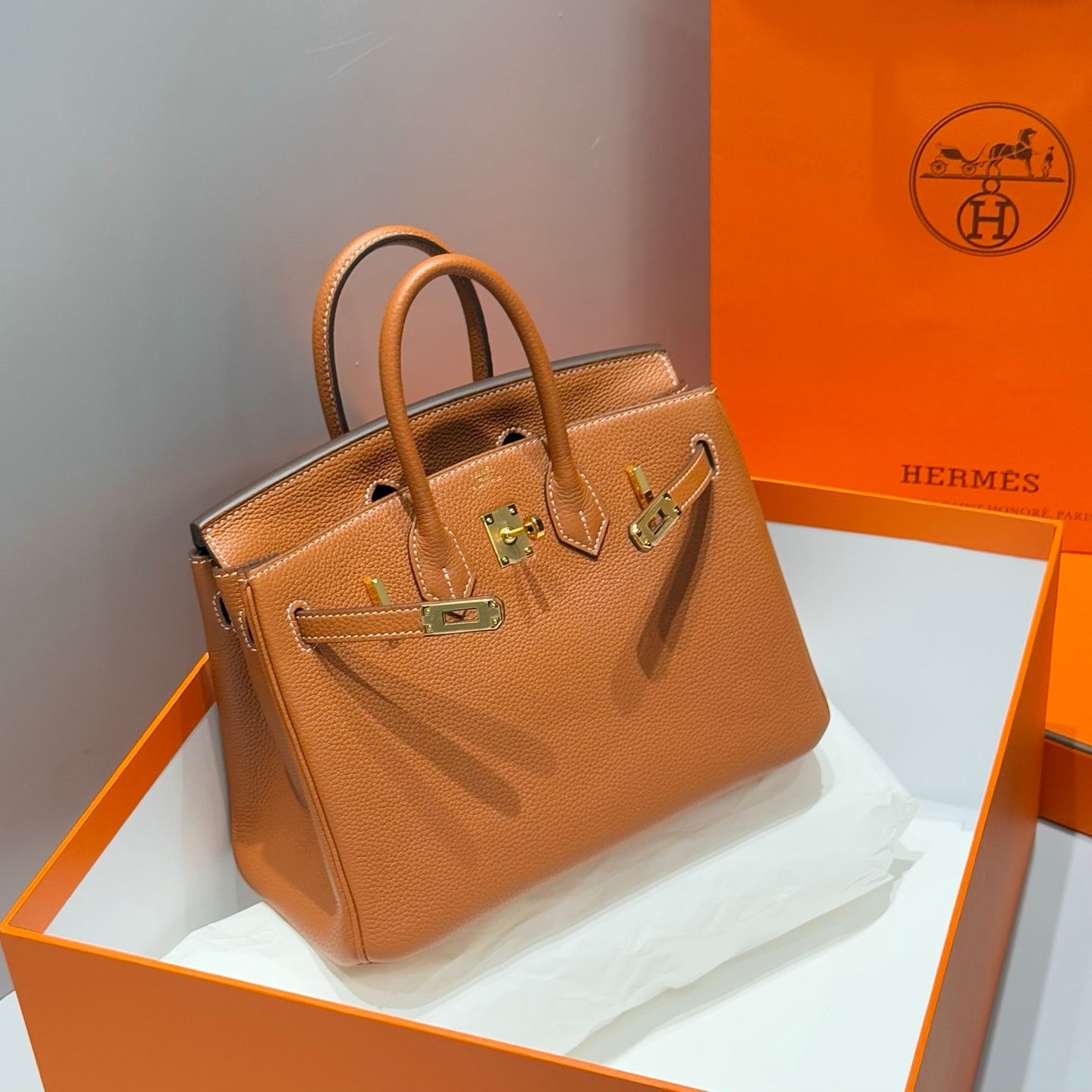 HERMES 25S MEDIUM BIRKIN 25 IN GEBRANNTEM ORANGEN KALBSLEDER GOLDENE BESCHLÄGE