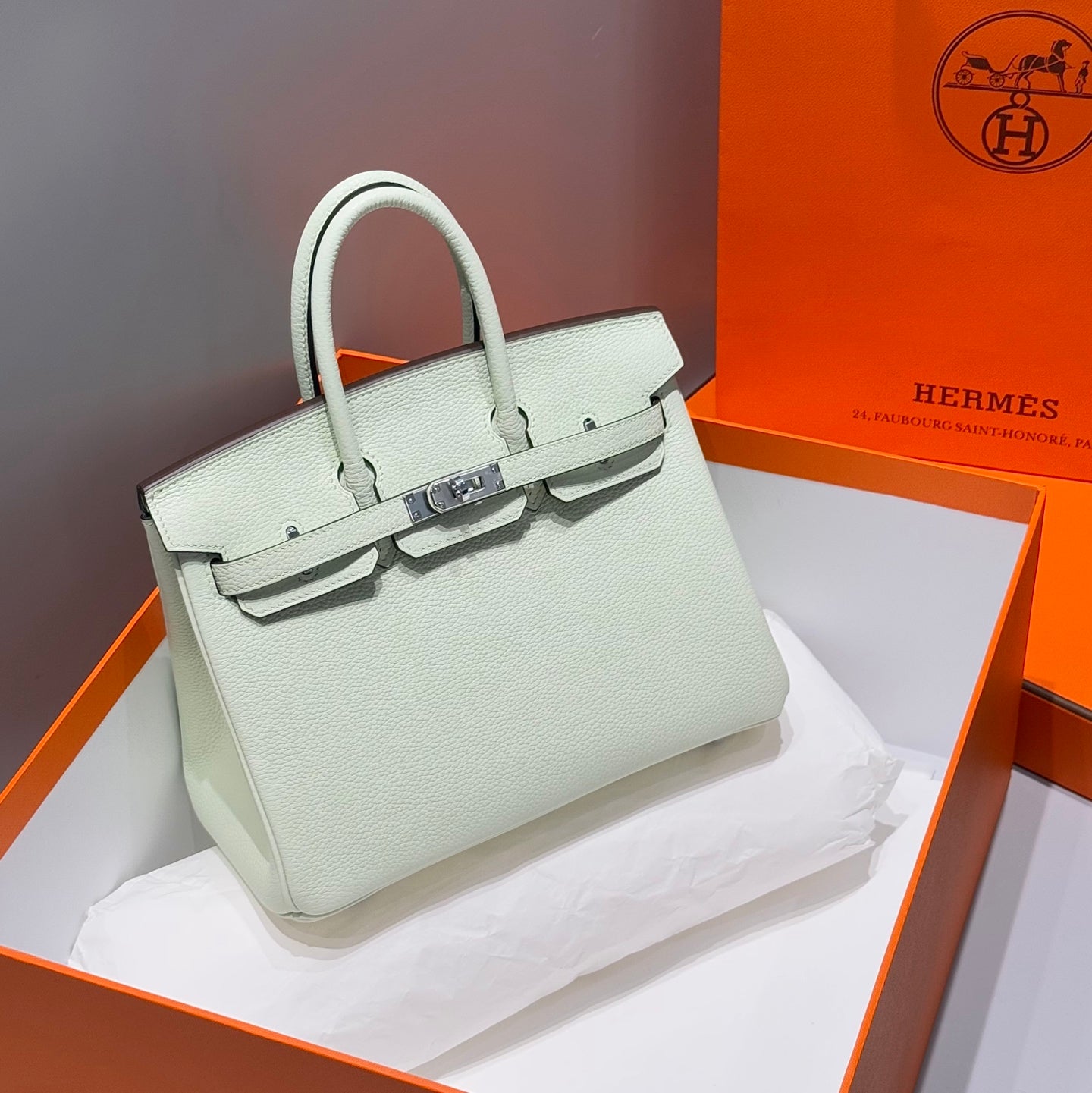 HERMES 25S MEDIUM BIRKIN 25 IN HELLMINTGRÜNEM KALBSLEDER MIT SILBERNEN BESCHLÄGEN