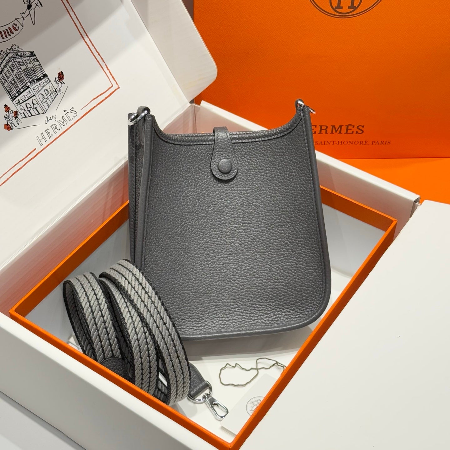 HERMES 25S MINI EVELYNE 18 IN CHARCOAL GRAY PATTERNED STRAP CALFSKIN SILVER HARDWARE