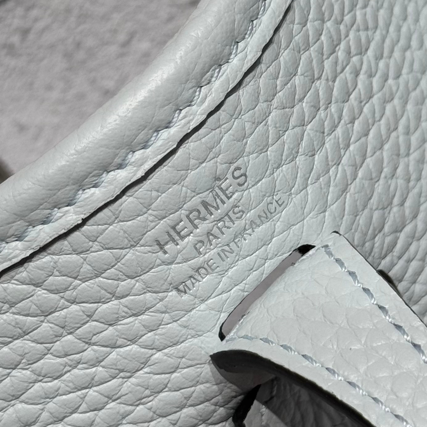 HERMES 25S MINI EVELYNE 18 IN MIST BLUE PATTERNED STRAP CALFSKIN SILVER HARDWARE