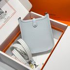 HERMES 25S MINI EVELYNE 18 IN MIST BLUE PATTERNED STRAP CALFSKIN SILVER HARDWARE