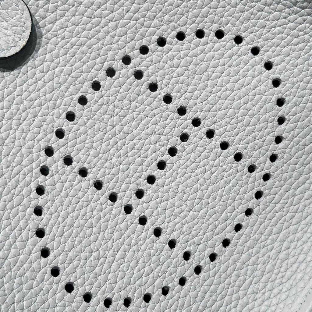 HERMES 25S MINI EVELYNE 18 IN MIST BLUE PATTERNED STRAP CALFSKIN SILVER HARDWARE