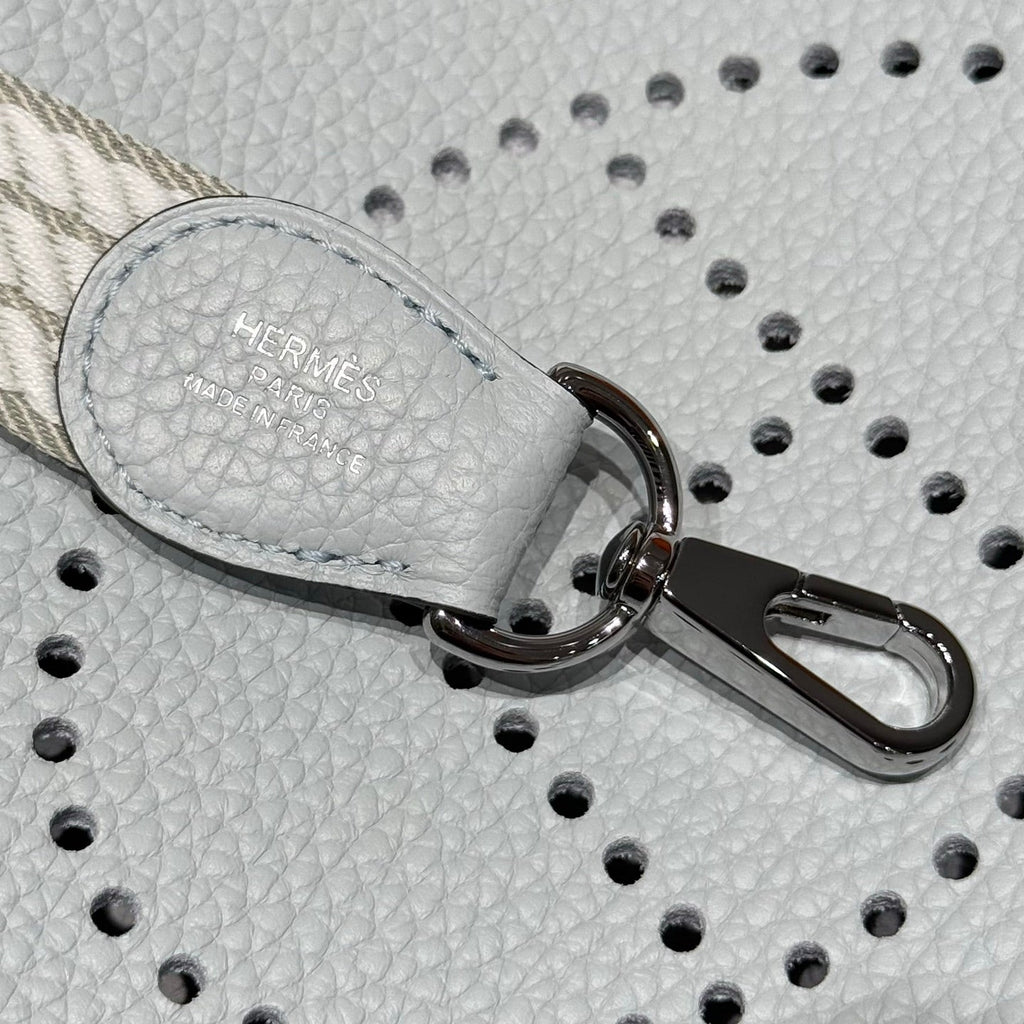 HERMES 25S MINI EVELYNE 18 IN MIST BLUE PATTERNED STRAP CALFSKIN SILVER HARDWARE