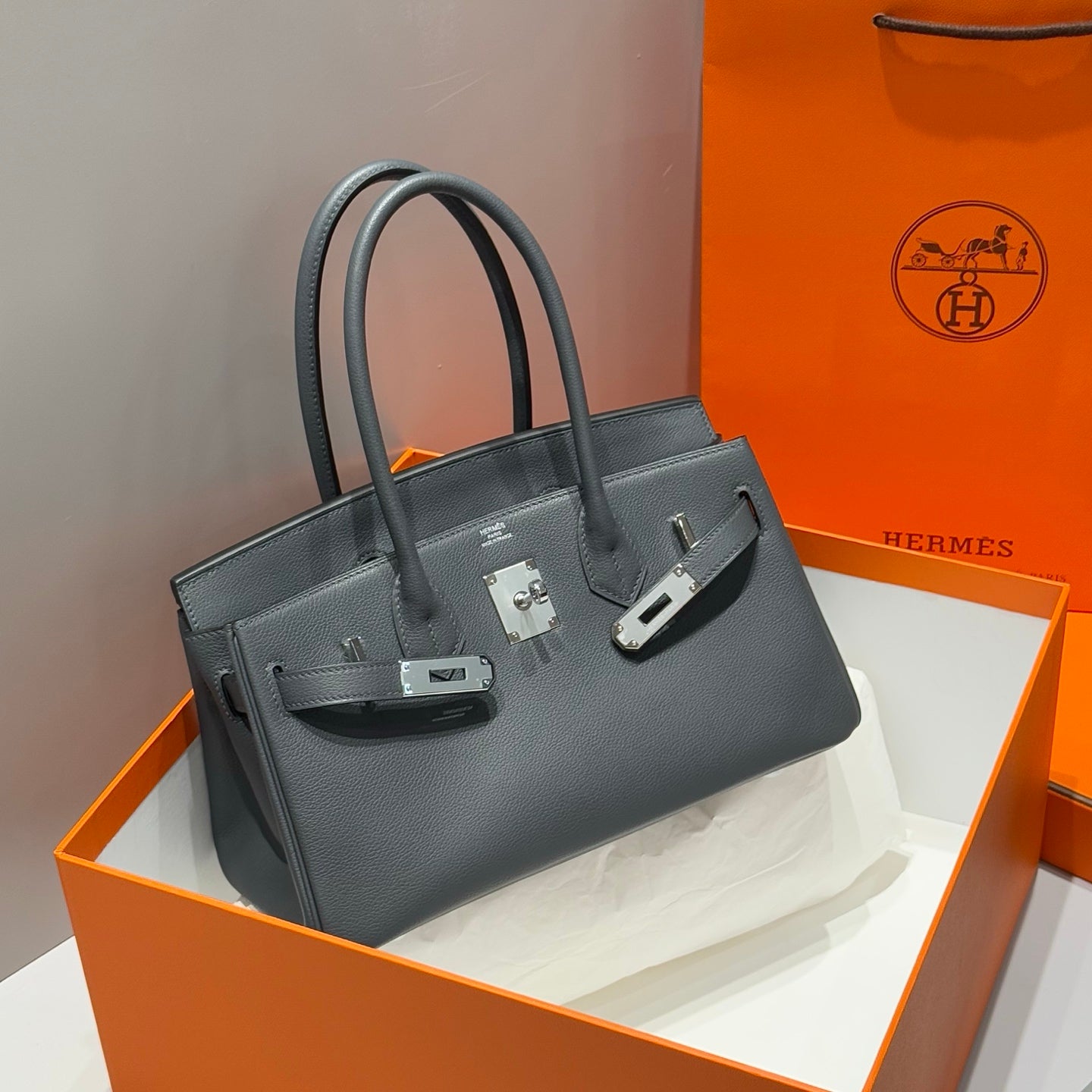 HERMES 25S SCHULTER BIRKIN 29 IN HAZE GRAY KALBSLEDER SILBERNE BESCHLÄGE