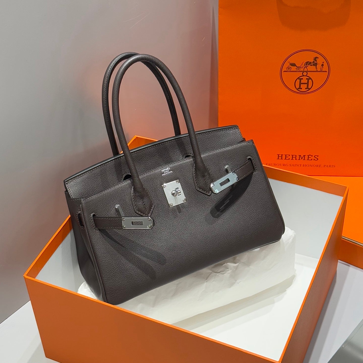 HERMES 25S SCHULTER BIRKIN 29 IN ANTHRABUTTER-KALBLEDER MIT SILBERNEN BESCHLÄGEN