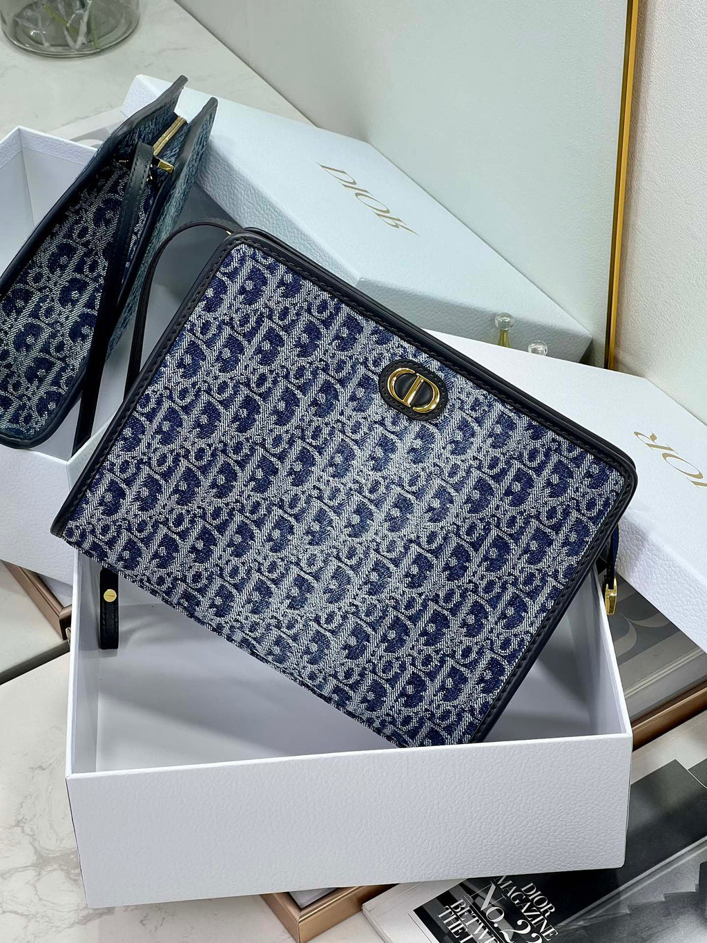 Buchtasche 26 Zoll, blau, Monogramm, schräger Jacquard