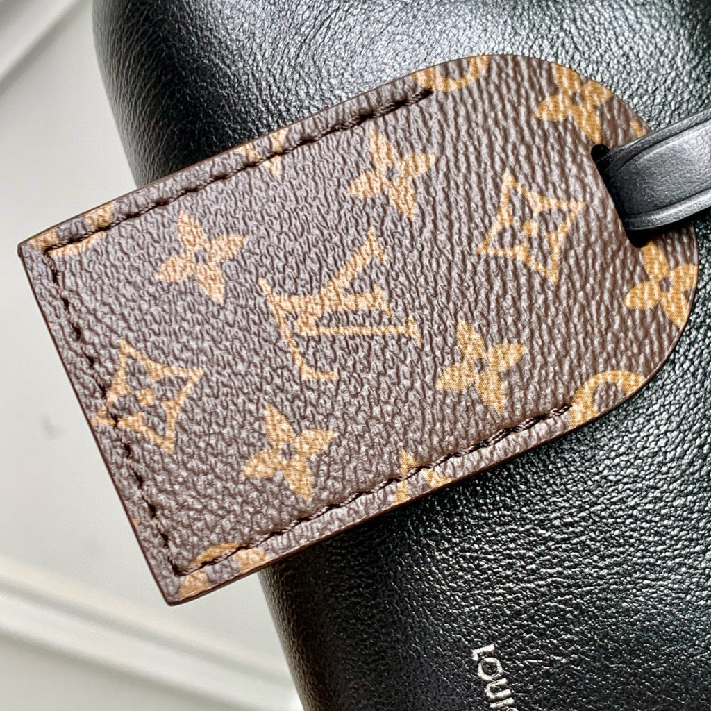 POCHETTE VIBE HANDBAG 25 IN BLACK LAMBSKIN BROWN COWHIDE AND COATED CANVAS TRIM