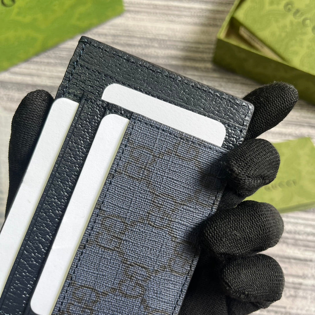 OPHIDIA GG 11 Kartenetui Dunkelblaues Canvas und schwarzes Kalbsleder