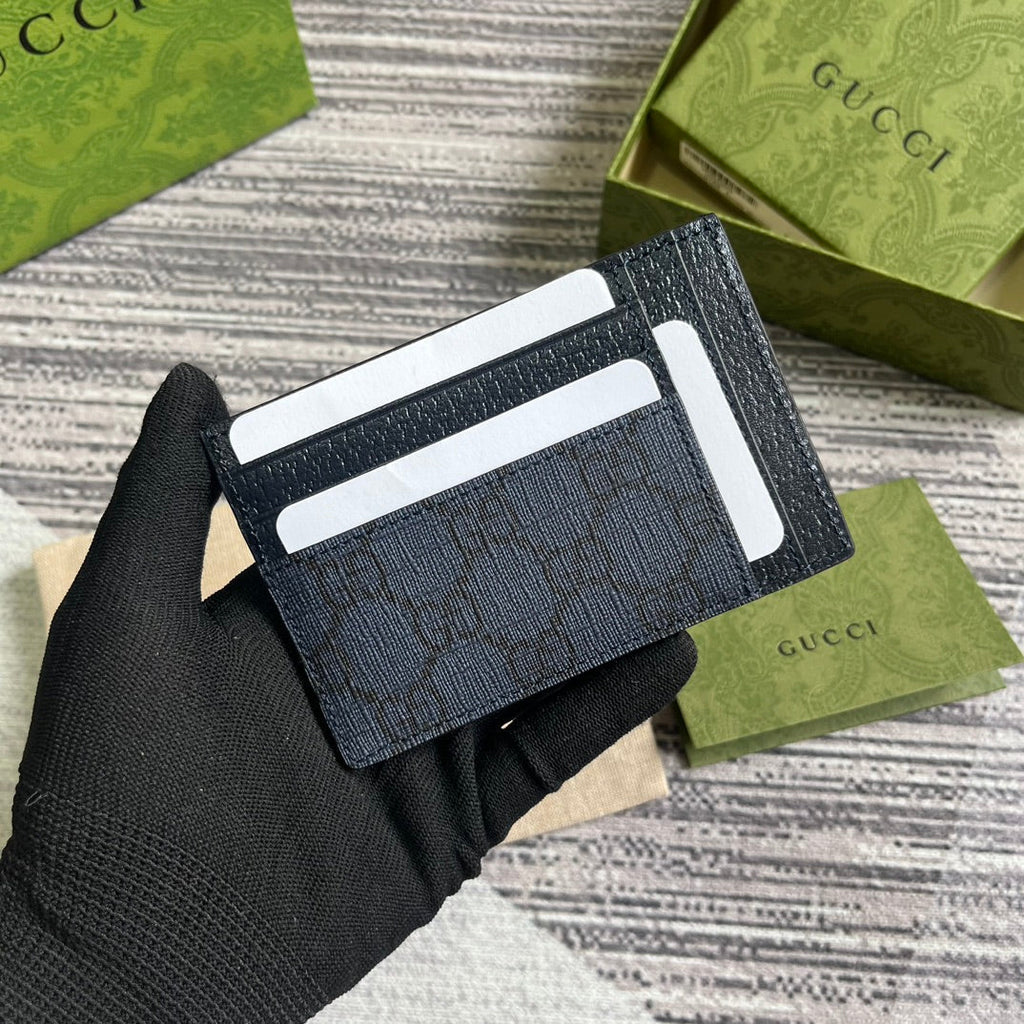 OPHIDIA GG 11 Kartenetui Dunkelblaues Canvas und schwarzes Kalbsleder