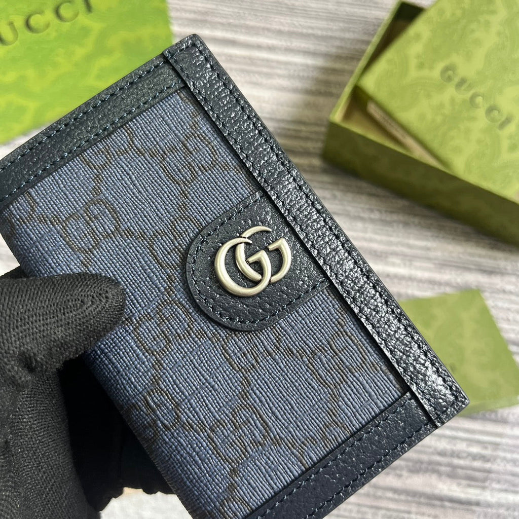 OPHIDIA GG 12-Karten-Etui, dunkelblauer Canvas und schwarzes Kalbsleder