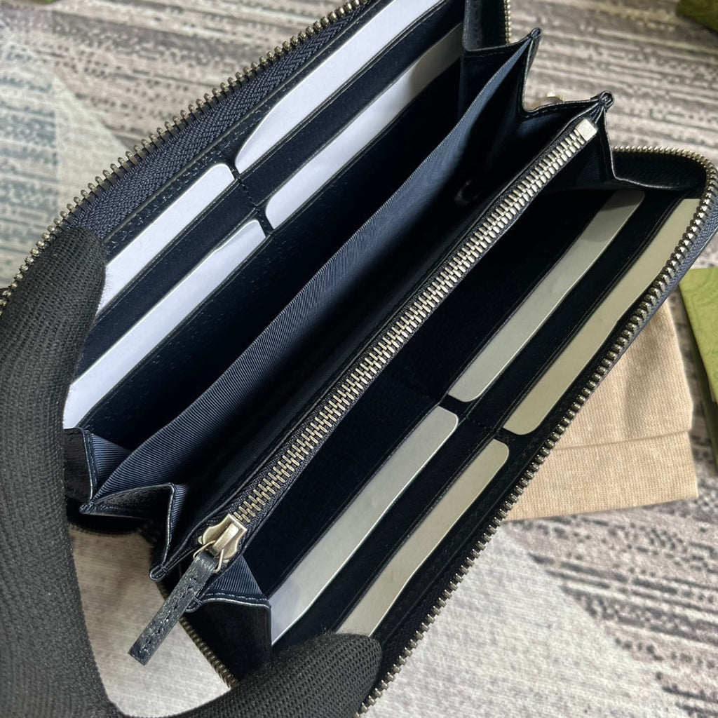 OPHIDIA GG 19 ZIP AROUND GELDBÖRSE DUNKELBLAUES CANVAS UND SCHWARZES KALBSLEDER