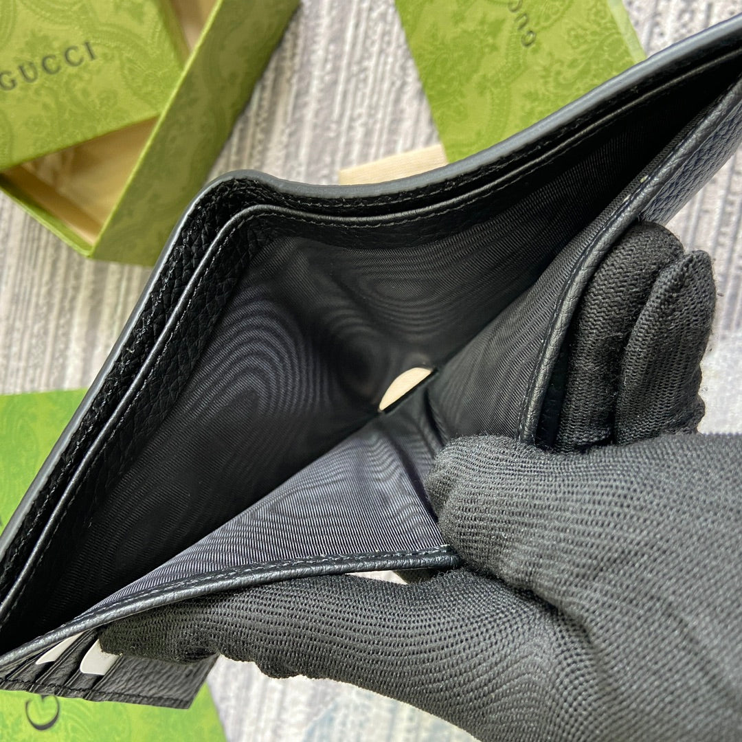 Zweifach gefaltete Geldbörse 11 Zoll, schwarzes Kalbsleder