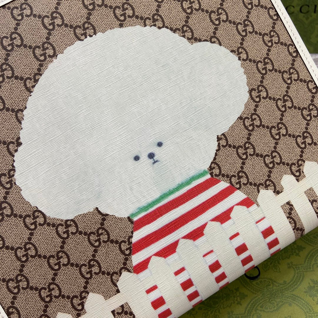 Tragetasche mit Tiermuster, 28 Zoll, aus beigefarbenem Canvas mit weißem Kalbslederbesatz