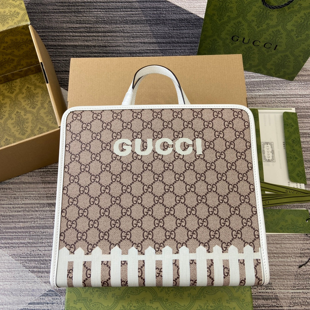 Tragetasche mit Tiermuster, 28 Zoll, aus beigefarbenem Canvas mit weißem Kalbslederbesatz