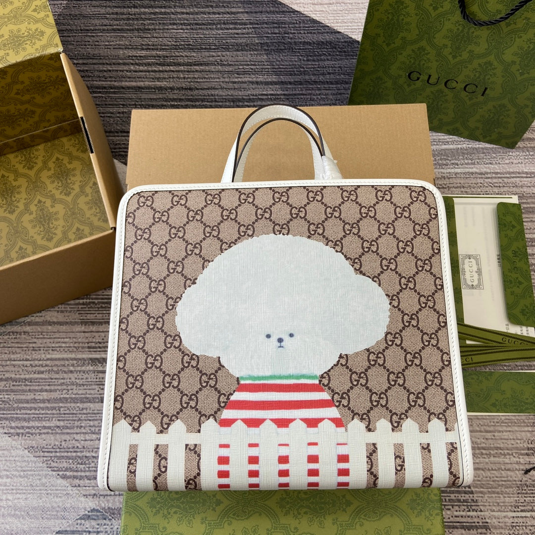 Tragetasche mit Tiermuster, 28 Zoll, aus beigefarbenem Canvas mit weißem Kalbslederbesatz